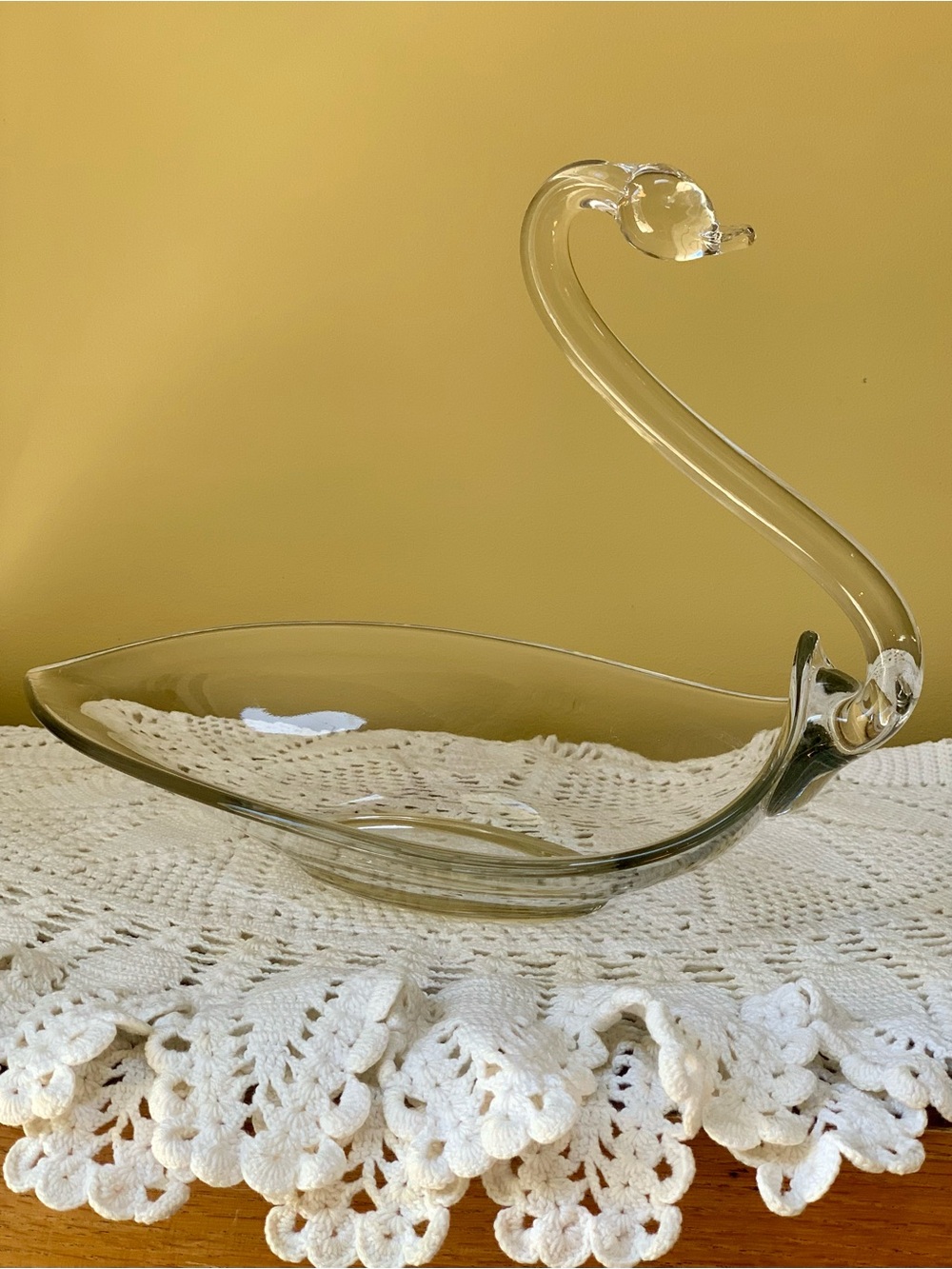 Vintage Duncan & Miller Clear Glass Swan Server / Towel Holder